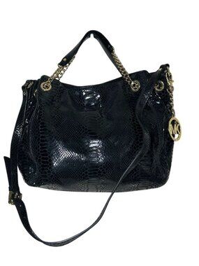Michael Kors Black Glossy Python Embossed Leather Shoulder Bag Gold Chain Hobo P